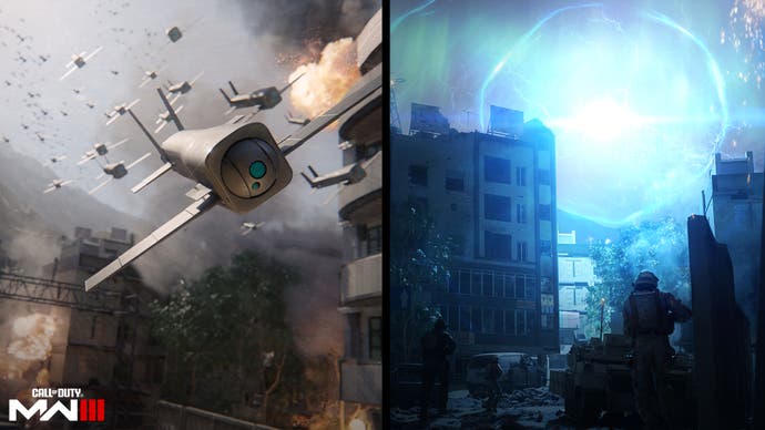 a dual image with an airstrike plane on the left and a blue pulse in the sky on the right