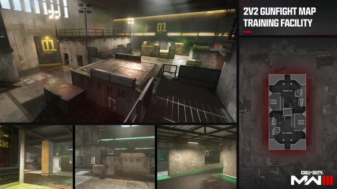 tactical map and different perspectives of the training facility map in modern warfare 3