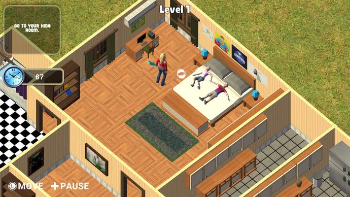 A mom stands by the bed, two ungrateful children refusing to get up.