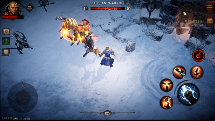 Monk fighting an Ice Clan Warrior enemy in a frosty tundra in Diablo Immortal