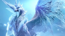 A screenshot from a Monster Hunter Rise Sunbreak trailer, showing off a CG render of the ice dragon Valkhana