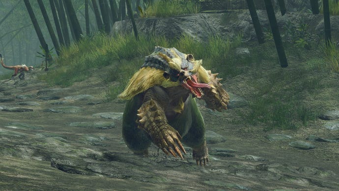 An Arzuros charges through a bamboo forest in Monster Hunter Rise