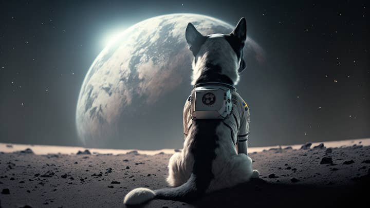 A dog in a spacesuit looks at the Earth from the surface of the moon