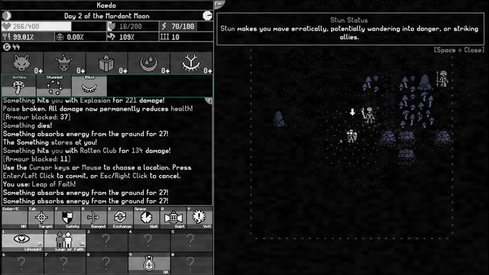 Black and white Moonring screenshot showing the effects of the blind status.