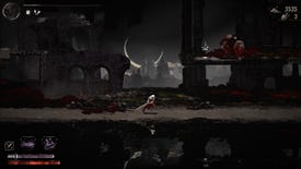 A white-haired warrior runs through dark ruins in front of a lake in Moonscars