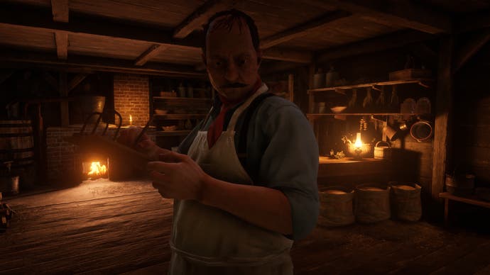 Red Dead Online - a man in a chef's apron inside a cabin lit by a stove and fireplace