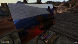 A screenshot from Morrowind's Joy Of Painting mod showing a canvas on an easel with painting being done