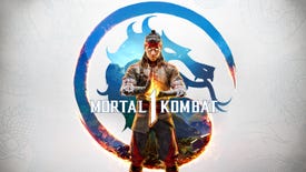 Fire God Liu Kang stands behind the logo for Mortal Kombat 1.