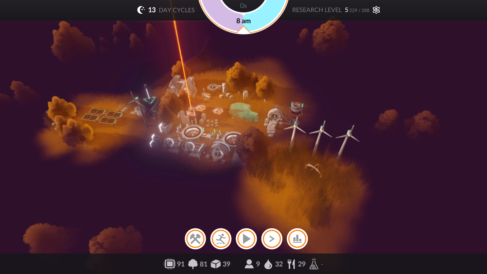 A sustainable city being built on a planet with orange grass in Mossfield Origins.