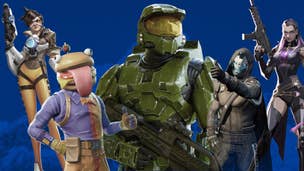 A background for Mountaintop Studios supports characters from Fortnite, Halo, Destiny, Valorant and Overwatch.