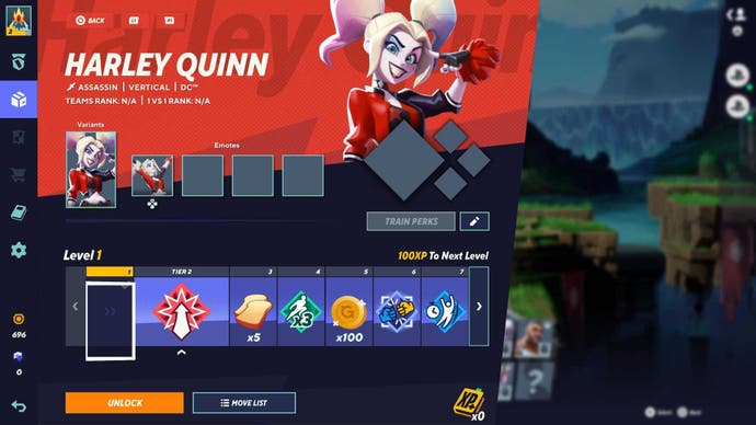 Harley Quinn's character select page in MultiVersus