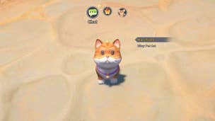 The player is in conversation with Macchiatio, a ditzy pet cat in My Time at Sandrock