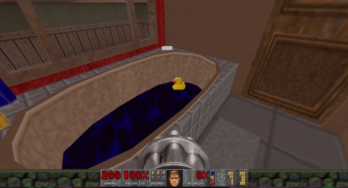 Looking at a ducky in a bath in MyHouse.wad, the DOOM mod
