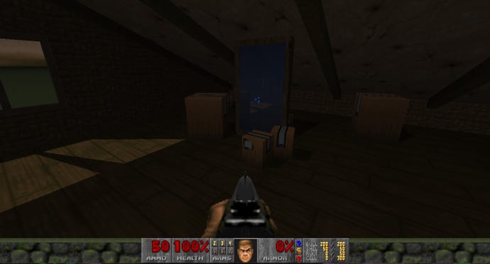 Exploring the attic with a shotgun in the DOOM mod MyHouse.wad