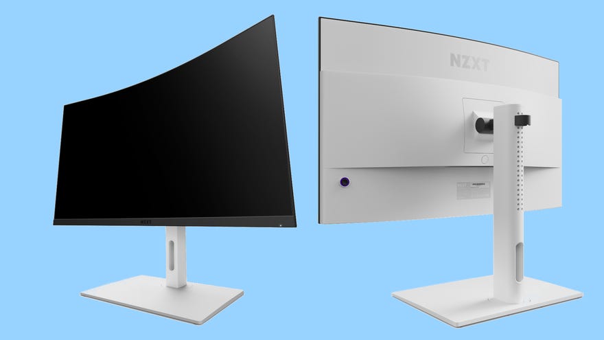 Shots of the front and rear of the Canvas 32QHD Curved gaming monitor, in white.