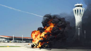 Neurocracy 2.049 illustration showing a helicopter crash at a chinese airport against a blue sky.