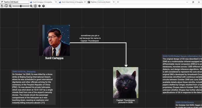 Screenshot of Neurocracy 2.049, showing the ‘Pipeline’ conspiracy board tool, demo’d with a scientist and his cat