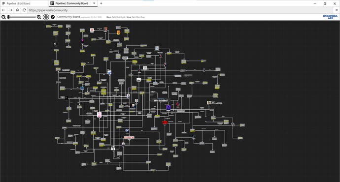 Capture d'écran de Neurocracy 2.049, montrant le tableau du complot communautaire, zoomé si loin que seule l'immense toile de celui-ci est visible