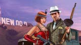A 20s gangster couple pose in front of GTA's equivalent of the Hollywood sign, the man holding a Tommy gun and the woman dressed as a flapper.