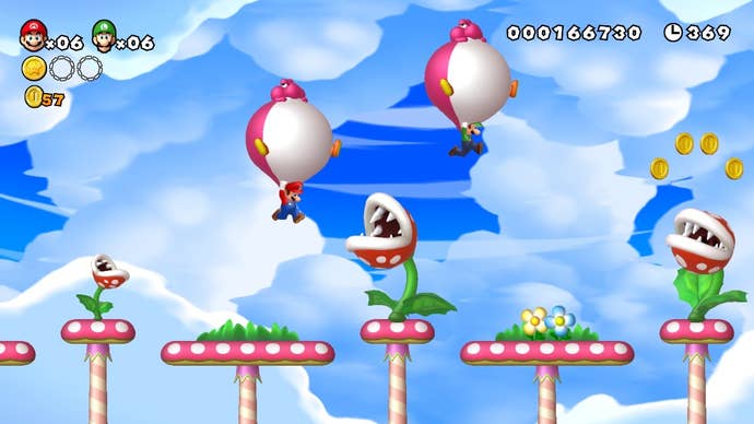 Mario and Luigi try to avoid some Pirahna Plants by flying over them in the co-op mode of New Super Mario Bros U.