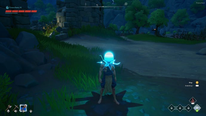 Frozen Flame demo screenshot showing the player wearing a blue light orb for a hat.