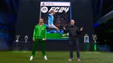 Nick Wlodyka on stage with Erling Haaland in front of the FC 24 cover