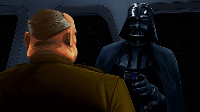 An art asset for the upcoming Star Wars: Dark Forces remaster showing Darth Vader menacing a soldier