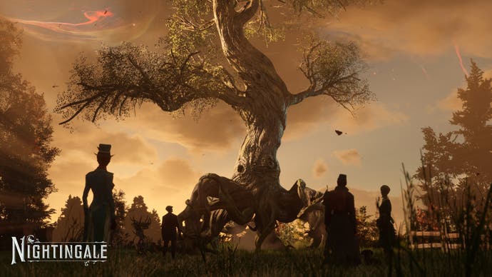 Player characters in front of a tree creature