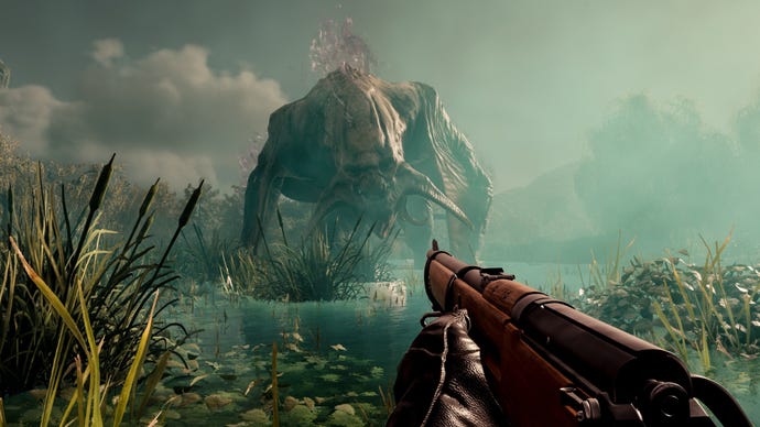 Et skærmbillede af et kæmpe bundet monster fra Deled-World Survival Game Nightingale