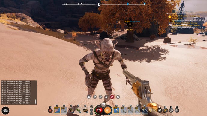 Der Spieler feuert in Nightingale eine Waffe auf ein Monster in einer Wüste