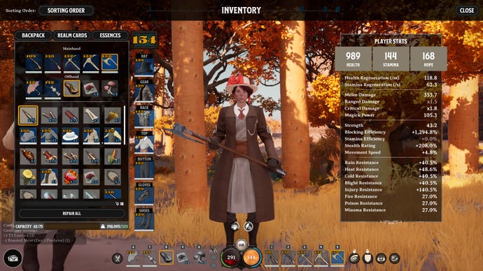 The backpack inventory screen in Nightingale