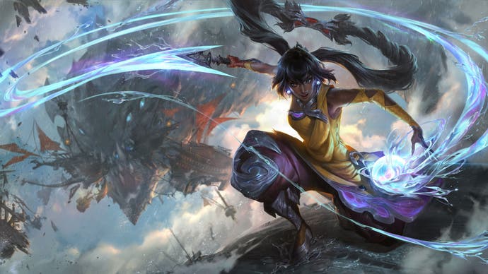 LoL State of the Game: Nilah's splash art showing her riding a wave and using a whip made of water