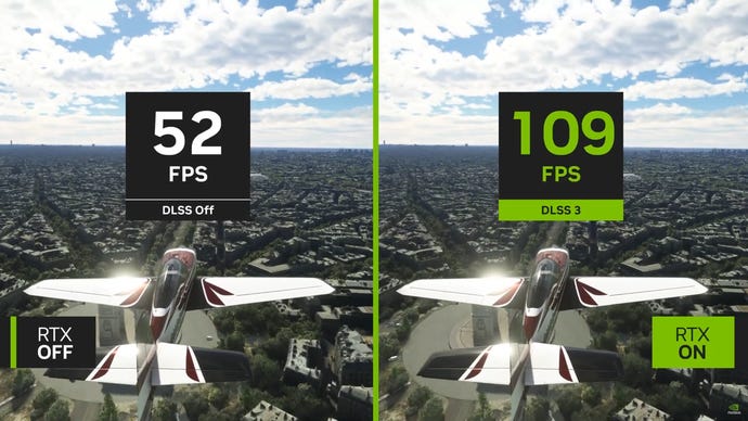 Porovnávací obrázok zobrazujúci simulátor Flight Microsoft na natívny RES vs. s NVIDIA DLSS 3