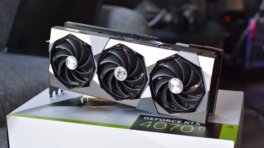 The triple-fan cooler on the MSI GeForce RTX 4070 Ti Suprim X 12G graphics card.