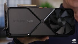 An Nvidia GeForce RTX 4080 Super graphics card being held up to the camera.