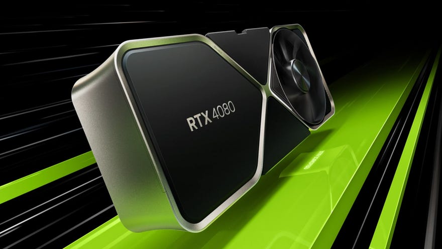 En gjengivelse av NVIDIA GeForce RTX 4080 grafikkort, med sin Founders Edition Design