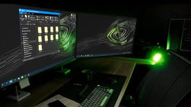 A rendering of a gaming desktop setup with Nvidia GeForce branding on the monitor screens.