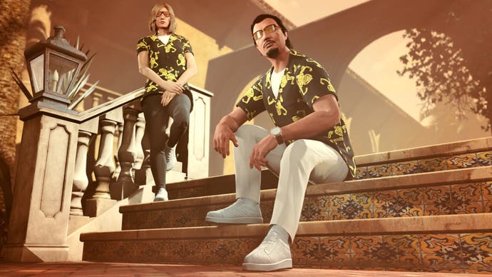 Official Rockstar image of two characters sitting on stairs in a villa