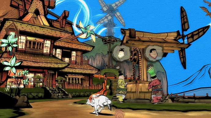 Character, Amaterasu, runs through a village in Okami