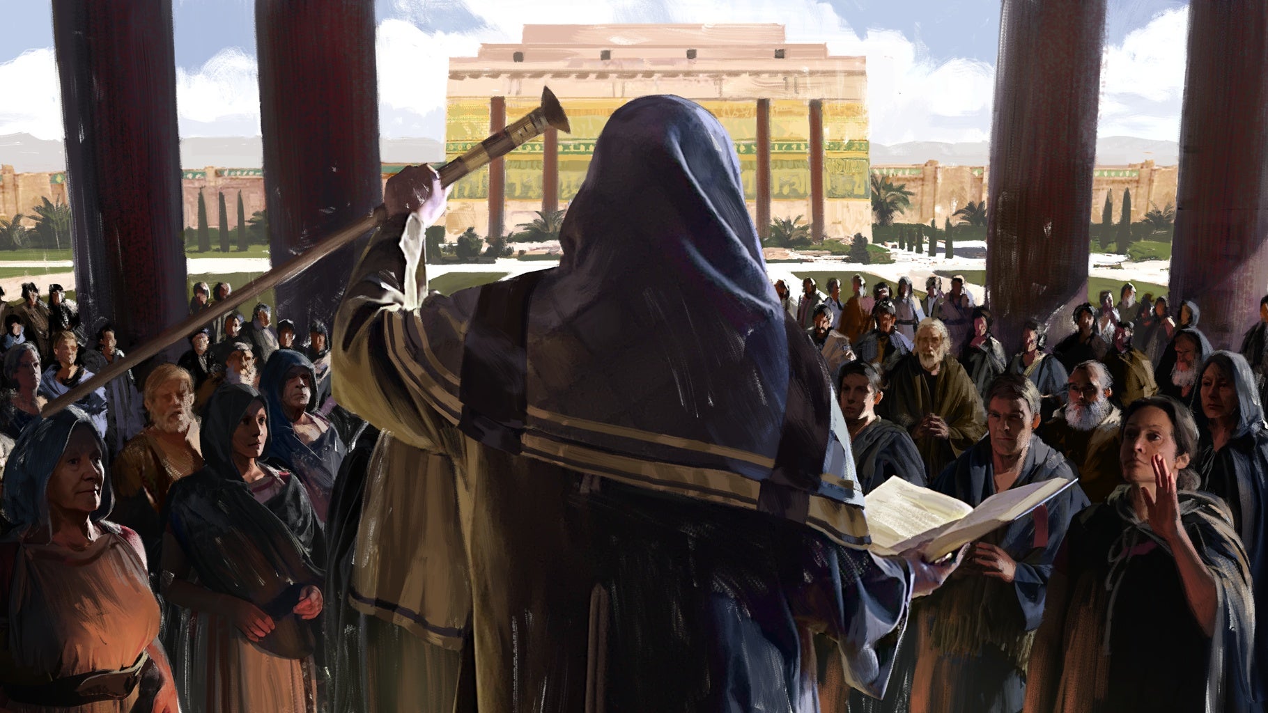 Key art from Old World's The Sacred And The Profane DLC pack showing a religious leader and their followers