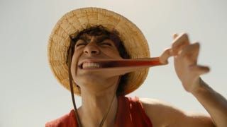 live-action Luffy stretching his mouth wide