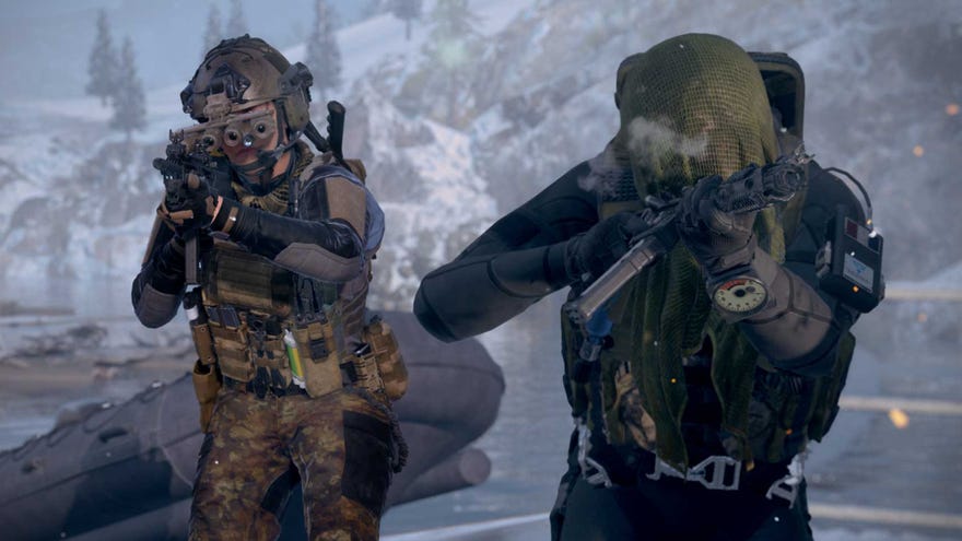 A promotional image for Modern Warfare 3, showing two Operators aiming their weapons towards the camera.