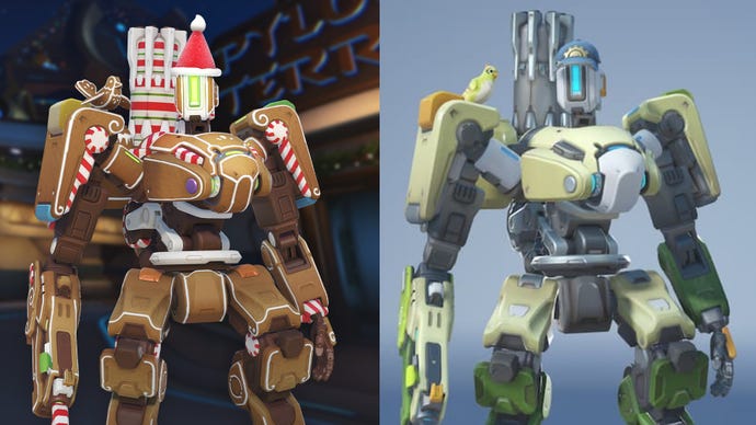 A comparison of Overwatch 2 Bastion skins showing legendary gingerbread Bastion and his common skin