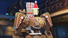 A screenshot from Overwatch 2 showing Bastion with his legendary gingerbread skin from the 2022 Winter Wonderland event