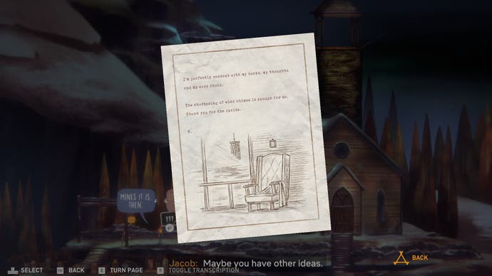 Oxenfree 2 - a collectible note with a hand-drawn chair on it.