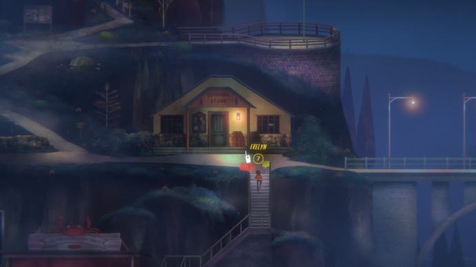 Oxenfree 2 - the general store at night, with Evelyn talking on walkie talkie to Riley