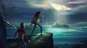 Two characters stand at a rocky outcrop, looking at an island with a strange light phenomena happening above