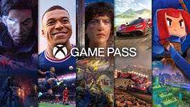 Four-way split image between Redfall's vampire, FIFA's Mbappe, Age Of Empires, a Forza Horizon Car, and blocky person from Minecraft. The Game Pass logo is in the foreground.