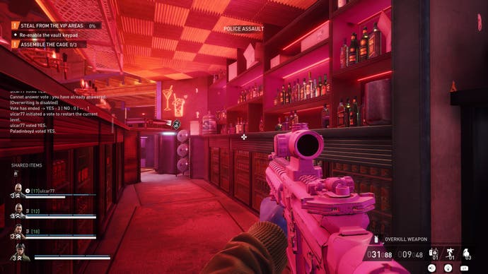 A player takes cover behind a bar in the Neon Cradle nightclub as on-screen text depicts players choosing whether or not vote to restart. POLICE ASSAULT at the top of the screen suggests the players have come out of stealth mode whether they wanted to or not.