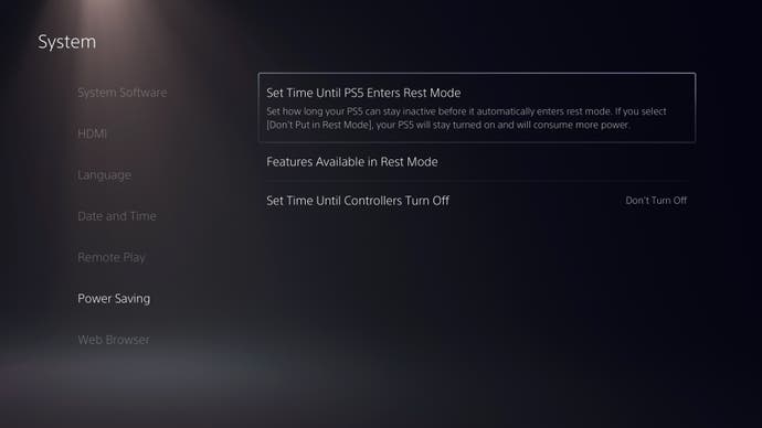 Una captura de pantalla de las opciones de energía de PlayStation 5
